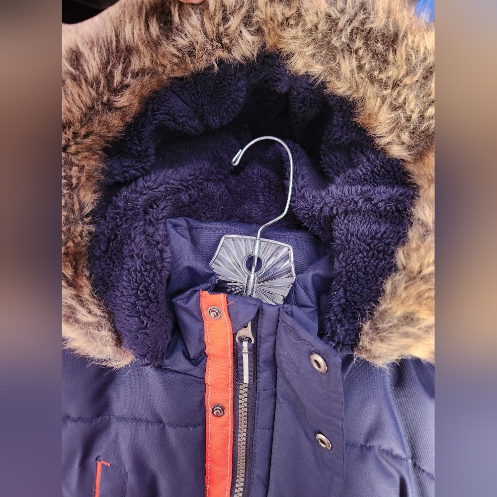 Boys Navy Blue Puffer Jacket with Faux Fur Hood - Picture 5 of 7